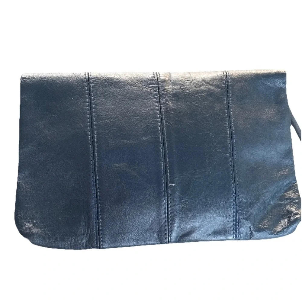 Vintage VKK Fold over Navy Blue Leather Clutch Zipper Closure Two Compartments